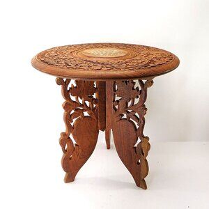 Vintage Hand Carved Folding Teak Stand Trivet Floral Design & Inlay India 12.75"